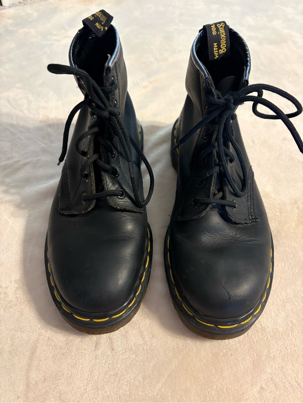 Dr. Martens Black and Tan Leather Insole Close-Up